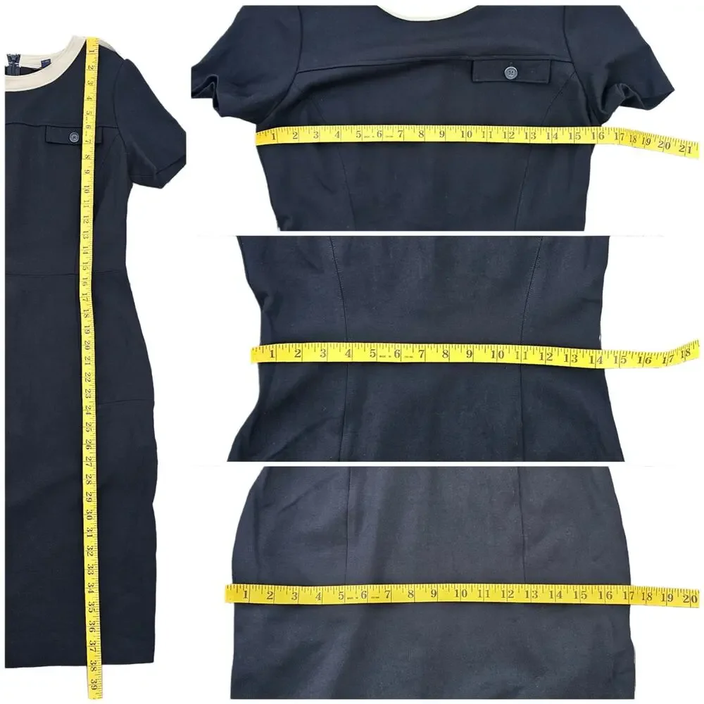 Black Knit Dress Tan Contrast Trim Epaulet Brooks Brothers Size 2 Stretch Pocket - Picture 7 of 9